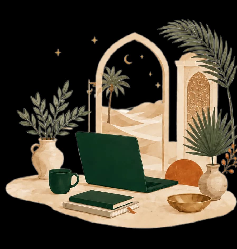 A sunlit Gulf town on the dunes — a green laptop on a desk, a warm cup of qahwa, and chat cards arcing overhead as a new lead is captured, followed up, and closed